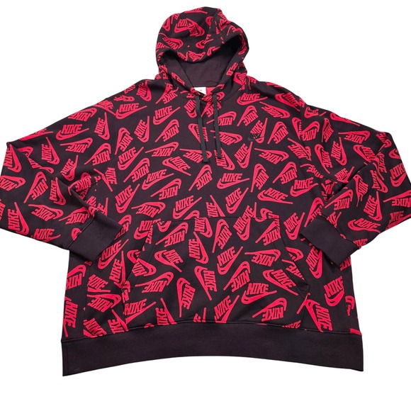 Nike Other - Nike Sportswear Club Hoodie Mens XL Black Red All Over Print Fleece Pullover